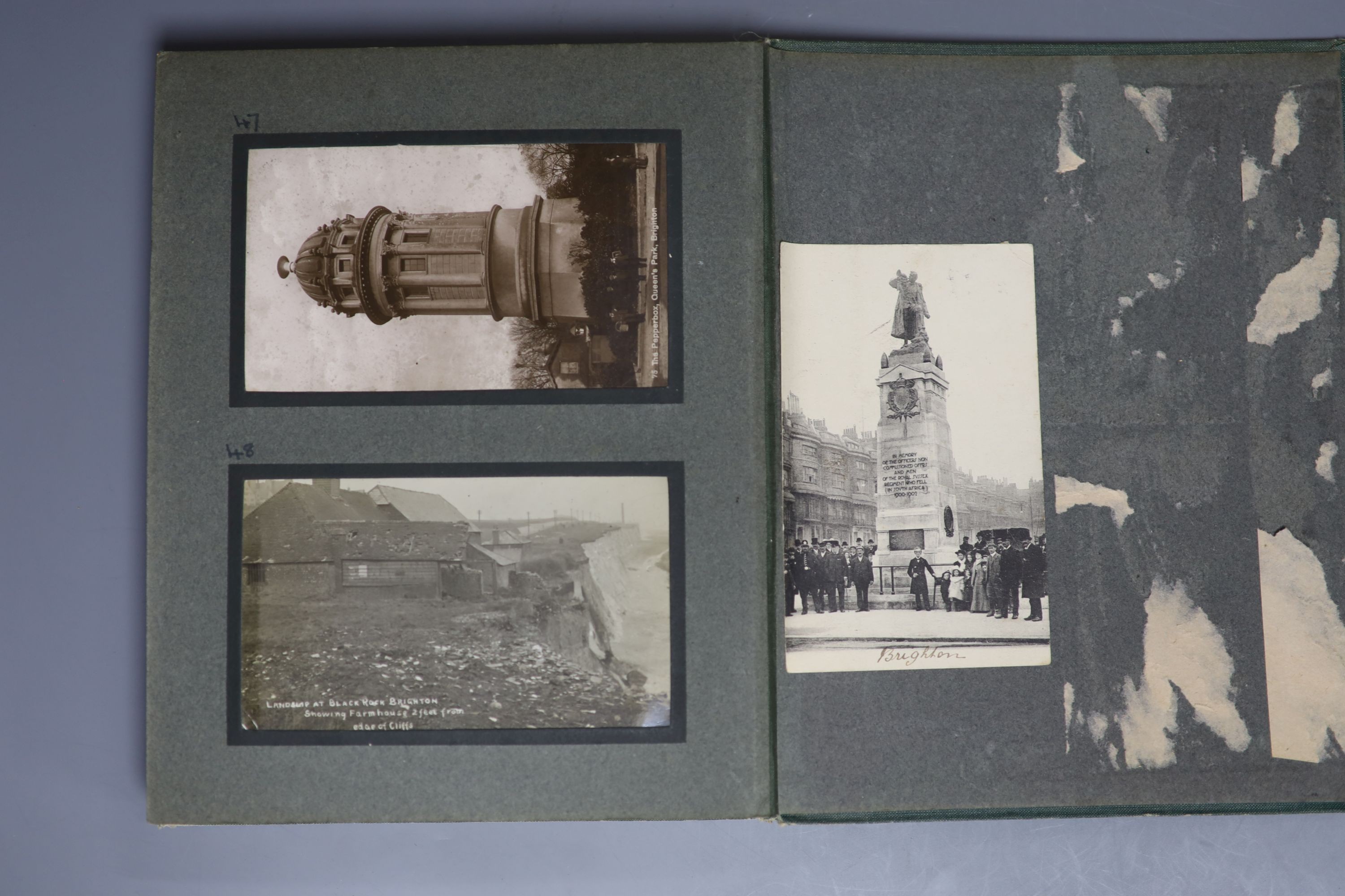 An album of Edwardian and later postcards, including Brighton and Sussex views